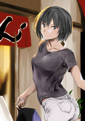 1girl amagami ass bag black_bag black_eyes black_hair black_shirt blue_bag blush breasts closed_mouth collarbone commentary cowboy_shot dot_mouth from_behind from_side hair_between_eyes holding holding_bag looking_at_viewer looking_back looking_to_the_side medium_breasts midriff_peek murasaki_iro nanasaki_ai noren plant shirt short_hair short_shorts short_sleeves shorts sign solo t-shirt twisted_torso white_shorts