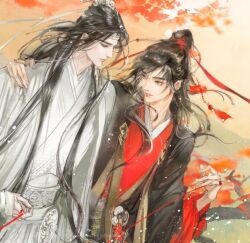 Rule 34 | 2boys, bishounen, black hair, black hanfu, branch, chinese clothes, closed mouth, faux traditional media, floating hair, grey eyes, hair ornament, hand on another&#039;s shoulder, hanfu, headband, high ponytail, ink wash painting, kcllzas163, lan wangji, leaf, light particles, long hair, long sleeves, looking at another, male focus, maple leaf, modao zushi, multiple boys, outdoors, parted lips, ponytail, red ribbon, ribbon, robe, smile, string, string around finger, string of fate, tassel, tassel hair ornament, third-party source, tree, upper body, watermark, wei wuxian, white hanfu, white headband, wide sleeves, xiao guan (headdress), yaoi