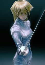 Rule 34 | 1girl, arm at side, blonde hair, brown eyes, facing to the side, fencing suit, foil (fencing), gloves, gradient background, highres, holding, holding sword, holding weapon, long hair, looking at viewer, outstretched arm, sword, tenjouin asuka, weapon, white gloves, yoon da1297, yu-gi-oh!, yu-gi-oh! gx