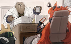 Rule 34 | 1boy, 1girl, absurdres, bangboo (zenless zone zero), ben bigger, black gloves, book, desk, dodo (yatotoyatoto), fingerless gloves, full body, gloves, highres, indoors, jacket, koleda belobog, office, on chair, open mouth, paper, red eyes, red hair, sharp teeth, sitting, smile, teeth, white jacket, zenless zone zero