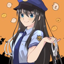 1girl black_hair blue_eyes blue_hat blue_shirt breasts cuffs ghost handcuffs hat hirakawa holding holding_handcuffs long_hair necktie police police_uniform pumpkin shirt small_breasts smile solo tohno_akiha tombstone tsukihime