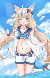 1girl absurdres ahoge animal_ears bikini blonde_hair blue_bikini blue_eyes blue_hair blue_sky blush breasts cat_ears cloud commentary dress fins fish_girl fish_tail highres indie_virtual_youtuber long_hair low_twintails multicolored_hair navel one_side_up open_mouth sameko_saba shorts sky sleeveless sleeveless_dress small_breasts solo streaked_hair swimsuit symbol-only_commentary tail twintails varo_006 very_long_hair virtual_youtuber water white_dress white_shorts