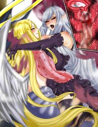 1futa 1girl absurdres alipheese_fateburn_i angel angel_wings back bare_shoulders barefoot black_sclera blonde_hair blurry breasts censored closed_mouth colored_sclera crown cum cum_in_pussy depth_of_field detached_collar detached_sleeves dress ejaculation eyes_visible_through_hair feathered_wings fishnet_thighhighs fishnets frilled_skirt frilled_sleeves frills futa_with_female futanari green_eyes halo highres humanization ilias ilias_(final_form) internal_cumshot large_breasts layered_skirt light_smile long_hair mon-musu_quest! mon-musu_quest:_paradox mosaic_censoring nose ong_(0000ong) penis pointy_ears purple_dress purple_lips red_eyes skirt steaming_body sweat tentacle_arm tentacles thighhighs very_long_hair white_background white_hair white_wings wings yellow_halo yellow_wings