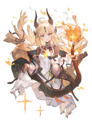 1girl absurdres ahoge aqua_eyes arknights black_gloves blonde_hair cropped_torso dragon_girl dragon_horns dress fire flame-tipped_tail floating_hair flower gloves hand_on_own_chest highres horns infection_monitor_(arknights) lily_(flower) long_hair looking_at_viewer multiple_horns nonhaaa parted_lips reed_(arknights) reed_the_flame_shadow_(arknights) simple_background single_glove skirt_hold solo sparkle white_background white_dress white_flower