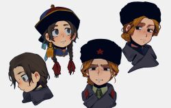black_eyes black_hat brown_hair disgust furrowed_brow green_necktie hat highres lapels mandarin_collar mongolia_(nanimonothing) mongolian_clothes multicolored_hat nanimonothing necktie orange_hair original portrait red_star russia_(nanimonothing) smile soyombo soyombo_earrings star_(symbol) toortsog