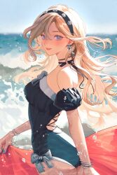 Rule 34 | 1girl, ass, bare shoulders, beach, blonde hair, blue eyes, blue nails, blush, bow, bracelet, breasts, casual one-piece swimsuit, cowboy shot, detached sleeves, earrings, from side, hair between eyes, hairband, highres, hina (xoxo), jewelry, long hair, looking at viewer, nail polish, ocean, one-piece swimsuit, original, outdoors, parted lips, puffy detached sleeves, puffy short sleeves, puffy sleeves, short sleeves, smile, solo, swimsuit, water, wet