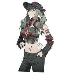 aqua_eyes aqua_hair baseball_cap choker crop_top detached_sleeves expressionless fur_trim hat hatsune_miku headset highres ligne_claire long_hair looking_at_viewer navel number_tattoo pants solo source_request tattoo torn_clothes twintails vocaloid zhibuji_loom
