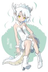 1girl antlers bare_shoulders bodice boots collarbone cross-laced_clothes detached_collar dragon_girl dragon_tail fingernails full_body futaba_channel gohan_(nijiura_maids) hand_on_own_knee high_heel_boots high_heels horns maid_headdress miniskirt nail_polish nijiura_maids open_mouth oso_(toolate) pleated_skirt pointy_ears short_hair skirt smile solo tail white_boots white_hair white_horns white_skirt white_tail white_wrist_cuffs wrist_cuffs yellow_eyes yellow_nails zipper zipper_footwear zipper_pull_tab