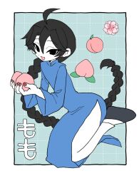 1boy bifuteki_(bi_futeki) black_eyes black_hair blue_background braid changpao chinese_clothes food fruit full_body grid_background highres holding holding_food holding_fruit long_hair looking_at_viewer male_focus original peach single_braid translation_request trap very_long_hair yuin_(bifuteki)