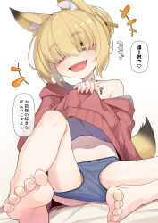 1girl animal_ears barefoot blonde_hair blue_panties clothes_lift commentary_request feet fox_ears fox_girl fox_tail hair_over_eyes highres lifting_own_clothes looking_at_viewer midriff nabari_(ogami_kazuki) naughty_face navel ogami_kazuki open_mouth original paid_reward_available panties shadow short_hair simple_background sitting smile soles solo speech_bubble sweater sweater_lift tail teeth toenails toes translated underwear upper_teeth_only white_background yellow_eyes