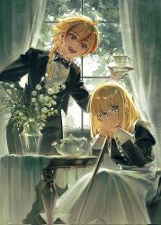 1boy 1girl ahoge alternate_costume black_dress black_pants black_suit blonde_hair blue_eyes bow bowtie braid butler cup dress fate/strange_fake fate_(series) formal_clothes glasses gloves highres holding holding_tray machikokom43502 maid multicolored_hair pant_suit pants red_eyes red_hair richard_i_(fate) sajou_ayaka_(fate/strange_fake) single_braid smile streaked_hair suit teacup teapot tray tuxedo vest waistcoat white_gloves wrist_cuffs