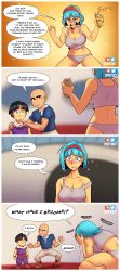 1girl 2boys absurdres bald black_eyes blue_eyes blue_hair blush breasts bulma cleavage comic dragon_ball drunk english_text highres kuririn large_breasts medium_hair multiple_boys nortuet panties revealing_clothes short_hair simple_background son_gohan spread_legs tank_top underwear