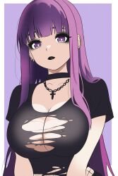 Rule 34 | 1girl, black choker, black eyeshadow, black lips, blunt bangs, breasts, bright pupils, choker, cleavage, collarbone, cross, ear piercing, eyeshadow, fern (sousou no frieren), fishnets, goth fashion, highres, large breasts, latin cross, long hair, looking at viewer, makeup, piercing, purple eyes, purple hair, sidelocks, solo, sousou no frieren, torn clothes, white pupils, windriftdraws
