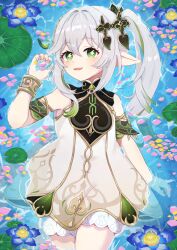 1girl bare_shoulders bloomers blue_flower blush bracelet commentary_request detached_sleeves dress fingernails flower gem genshin_impact gold_trim gradient_hair green_eyes green_gemstone green_hair green_sleeves hair_between_eyes hair_ornament highres jewelry kalpalata_lotus kotoriya_kuguri leaf_hair_ornament long_hair looking_at_viewer lying multicolored_hair nahida_(genshin_impact) on_back parted_lips partially_submerged petals pointy_ears side_ponytail sidelocks sleeveless sleeveless_dress solo star-shaped_pupils star_(symbol) symbol-shaped_pupils underwear white_bloomers white_dress white_hair