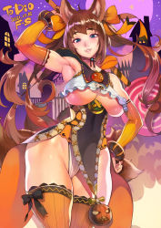 1girl absurdres animal_ears areola_slip arm_behind_head arm_up armpits artist_name bat_(animal) blue_eyes bow breasts brown_hair caleen_keemosn candy choker cloud cloudy_sky covered_erect_nipples dated detached_sleeves dress eyebrows_hidden_by_hair f.s. fence fog food fox_ears fox_girl fox_tail gate hair_bow hair_ribbon halloween halloween_background halloween_costume hand_on_own_hip highres holding holding_food jack-o&#039;-lantern jack-o&#039;-lantern_ornament large_breasts lollipop long_hair looking_at_viewer moon multiple_tails open_mouth oversized_food oversized_object panties pumpkin purple_sky revealing_clothes revealing_dress ribbon runes scowl scowling seductive_gaze seductive_smile sharp_teeth signature silhouette sky smile standing star_(sky) star_ocean star_ocean_anamnesis starry_sky tail teeth thick_thighs thighhighs thighs twintails underboob underwear v-shaped_eyes very_long_hair wide_hips window window_light