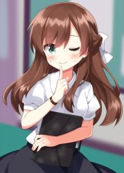 Rule 34 | 1girl, ;), bag, black skirt, blurry, blurry background, blush, brown hair, closed mouth, collared shirt, comic girls, commentary request, cowboy shot, green eyes, hair ribbon, hand up, highres, holding, holding bag, index finger raised, long hair, looking at viewer, nijino miharu, one eye closed, ribbon, ruu (tksymkw), shirt, short sleeves, skirt, smile, solo, suitcase, sweat, white ribbon, white shirt