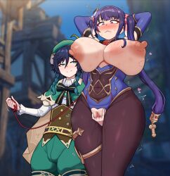 Rule 34 | 1boy, 1girl, alternate breast size, alternate costume, arms behind head, arms up, blue leotard, blush, bodystocking, breast press, breasts, bulge, censored, commentary, condom, condom in hair, cosplay, cum, curvy, english commentary, fingering, genshin impact, green eyes, hair ornament, hetero, highres, huge breasts, jewelry, josou seme, large areolae, large nipples, leotard, long hair, mona (genshin impact), mona (genshin impact) (cosplay), mosaic censoring, nipples, nose blush, pantyhose, poper (arin sel), purple leotard, pussy, pussy juice, raiden shogun, revision, sweat, thighlet, thighs, trap, twintails, used condom, venti (genshin impact), wide hips