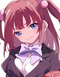 1girl black_jacket blue_eyes blunt_bangs bow bowtie closed_mouth hair_bobbles hair_ornament highres jacket long_hair looking_at_viewer niyane portrait purple_bow purple_bowtie red_hair sidelocks simple_background smile solo two_side_up umineko_no_naku_koro_ni ushiromiya_ange white_background