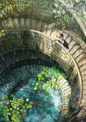 1other absurdres blue_ribbon brick_wall commentary_request fish hand_on_headwear hat hat_ribbon highres koi lily_pad nao1524 original plant rain ribbon ripples scenery solo stairs stairwell straw_hat submerged sun_hat water
