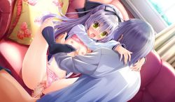 1girl blue_hair bra censored couch game_cg highres panties penis pink_bra pink_panties sex shoujo_shin&#039;iki_shoujo_tengoku takagi_sana underwear vaginal yellow_eyes youta