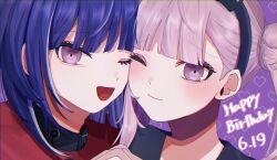 black_hairband black_headband blush brother_and_sister eyelashes hairband happy_birthday headband heart holding_hands long_hair looking_at_viewer one_eye_closed open_mouth pink_eyes pink_hair purple_background purple_hair siblings simple_background the_hundred_line_-last_defense_academy- tsukumo_ima tsukumo_kako twins twintails upper_body