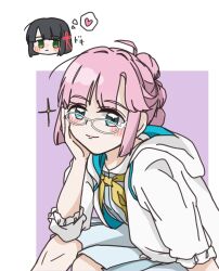 Rule 34 | 2girls, anyoji hime, bespectacled, black hair, blue dress, blue eyes, blunt bangs, blunt ends, blunt sidelocks, blush, bob cut, border, chibi, chibi inset, closed mouth, commentary request, dress, flower knot, glasses, green eyes, hair intakes, hasu no sora school uniform, heart, highres, hood, hooded jacket, jacket, link! like! love live!, long hair, looking at viewer, love live!, medium dress, mihasu ll, momose ginko, multi-tied hair, multiple girls, open clothes, open jacket, outside border, pink hair, pleated dress, ponytail, purple background, sailor collar, sailor dress, school uniform, short hair, sidelocks, simple background, smile, solo focus, speech bubble, split mouth, spoken heart, summer uniform, thought bubble, three-quarter sleeves, virtual youtuber, white-framed eyewear, white border, white jacket, white sailor collar