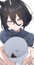 1girl ahoge alternate_hair_length alternate_hairstyle black_hair blush ci4 coffee crossed_bangs cup green_eyes green_sweater hair_between_eyes highres holding holding_cup incoming_drink long_bangs long_hair_between_eyes manhattan_cafe_(umamusume) mug multicolored_hair pout pov ribbed_sweater short_hair simple_background solo sweater turtleneck turtleneck_sweater umamusume white_background white_hair