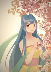 Rule 34 | absurdly long hair, absurdres, bare arms, bare shoulders, blue hair, blunt bangs, bow-shaped hair, branch, cherry blossoms, chinese clothes, chinese commentary, circlet, collarbone, commentary request, cowboy shot, dress, eyelashes, flower, grey background, hagoromo, happy, highres, hongmao and lantu, kirina zero, lantu (hongmao and lantu), long hair, open mouth, pink flower, red eyes, shawl, simple background, smile, solo, straight hair, strapless, strapless dress, tree, very long hair, vignetting, yellow dress