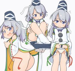 1girl ass blush clothes_lift commentary_request grey_hair hat highres japanese_clothes lifting_own_clothes looking_at_viewer mononobe_no_futo multiple_views open_mouth panties pom_pom_(clothes) ponytail purple_eyes simple_background skirt skirt_lift socks tate_eboshi thighs touhou turnip_kabura underwear unworn_skirt wavy_mouth white_background wide_sleeves yellow_panties
