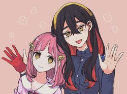 Rule 34 | 2girls, :d, absurdres, arched bangs, black hair, buttons, carmine (pokemon), closed mouth, commentary request, crossed bangs, eyelashes, flower symbol, gloves, hair between eyes, hair ornament, hairband, hairclip, hands up, highres, jacket, lacey (pokemon), long sleeves, multicolored hair, multiple girls, nintendo, open mouth, partially fingerless gloves, pink background, pokemon, pokemon sv, red gloves, red hair, shinogo no, shirt, smile, two-tone hair, white shirt, yellow eyes, yellow hairband
