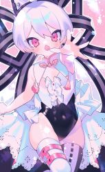 Rule 34 | 1boy, asymmetrical legwear, black ribbon, blush, center frills, chestnut mouth, commentary, covered navel, cowboy shot, double-parted bangs, fang, foreshortening, frills, hair between eyes, hair intakes, hair ribbon, highres, leotard, looking at viewer, mismatched legwear, open mouth, original, ozureiji, pink eyes, reaching, reaching towards viewer, ribbon, short hair, showgirl skirt, skin fang, solo, symbol-only commentary, thighhighs, thighs, trap, tsurime, white hair, white thighhighs