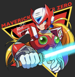 armor blonde_hair blue_eyes chest_jewel energy_sword forehead_jewel grey_background guutara hand_on_own_hip helmet highres holding holding_sword holding_weapon jewelry long_hair looking_at_viewer mega_man_(series) mega_man_x_(series) ponytail red_armor red_helmet romaji_text shoulder_armor signature simple_background smile sword unfinished upper_body very_long_hair weapon z_saber zero_(mega_man)