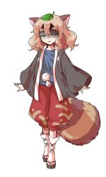 1girl alphes_(style) animal_ears black_kimono black_sandals blonde_hair blue_shirt commentary_request dairi full_body japanese_clothes kimono large_variant_set leaf leaf_on_head long_sleeves looking_at_viewer medium_hair okobo open_clothes open_kimono parody parted_lips platform_sandals raccoon_ears raccoon_girl raccoon_tail red_shorts sandals shaded_face shirt shorts smile socks solo standing style_parody tabi tachi-e tail tanuki_mob_(touhou) thick_eyebrows touhou transparent_background variant_set white_socks wide_sleeves