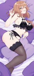 1girl black_bra black_panties black_thighhighs bra breasts brown_hair commentary_request flower genshin_impact green_eyes grin hair_flower hair_ornament highres lace lace-trimmed_thighhighs lace_bra lace_panties lace_trim large_breasts lingerie lisa_(genshin_impact) long_hair looking_at_viewer lying navel on_side panties pillow purple_flower purple_rose rose side-tie_panties smile solo thighhighs underwear underwear_only utani_(punishment)