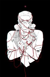 1boy black_background bow bowtie chromatic_aberration classicaloid collared_shirt commentary_request cropped_torso crying crying_with_eyes_open despair forehead franz_schubert_(classicaloid) gloves greyscale highres jacket long_sleeves male_focus monochrome round_eyewear sf_jd shirt short_hair simple_background solo spot_color string string_of_fate tears