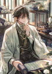 1boy absurdres architecture beads bishounen black_hair black_hakama black_kimono bonsai book book_stack bracelet brown_hair brush_holder calligraphy_brush candle candlestand censer chain chain_bracelet chinese_clothes chromatic_aberration closed_mouth coat commentary_request daxiushan drawer ear_piercing earrings east_asian_architecture floral_print flower gleam hair_between_eyes hakama hanfu haori highres holding holding_calligraphy_brush holding_paintbrush holding_scroll incense incense_burner indoors ink japanese_clothes jasmine_(flower) jewelry jiaoling_ruqun kimono long_sleeves looking_at_viewer male_focus necklace open_clothes open_coat original paintbrush paintbrush_rack paper pearl_necklace pen piercing pine_tree prayer_beads scroll shirt short_hair sitting solo suzaku_(zaku6584) sweater_guard table tangzhuang tree vase white_coat white_flower white_shirt wide_sleeves yellow_eyes