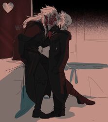 Rule 34 | 2boys, absurdres, black boots, black coat (kingdom hearts), black gloves, blush, boots, clenched hands, closed mouth, commentary, dark-skinned male, dark skin, english commentary, fang, gloves, grey hair, hand on another&#039;s face, heart-shaped moon, highres, kingdom hearts, long hair, looking at another, male focus, moon, multiple boys, nekokat42, open mouth, orange eyes, pointy ears, roxas, seductive smile, short hair, sitting, smile, spiked hair, standing, xemnas, yaoi