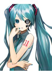 1girl absurdres aqua_eyes aqua_hair aqua_nails aqua_necktie arm_tattoo artificial_eye bare_arms bare_shoulders collared_shirt frilled_shirt frills grey_shirt hair_between_eyes hair_ornament hairclip hatsune_miku highres long_hair looking_at_viewer mechabare mechanical_eye miyononon necktie number_tattoo parted_lips robot shirt shoulder_tattoo sidelocks simple_background sleeveless sleeveless_shirt solo tattoo twintails very_long_hair vocaloid white_background