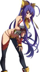 1girl antenna_hair backless_outfit black_pants blazblue blazblue:_central_fiction boots bow breasts female_focus fingerless_gloves full_body genderswap genderswap_(mtf) gloves hair_between_eyes hair_bow halterneck high_heel_boots high_heels highres hip_vent large_breasts long_hair lowleg lowleg_pants mai_natsume midriff navel no_bra official_art pants pink_eyes ponytail purple_hair revealing_clothes ribbon sideboob solo tagme transparent_background very_long_hair yellow_bow