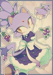 1girl absurdres animal_ears blaze_the_cat blush border bow cat_ears cat_girl cat_tail cyb4angel dress eyelashes food forehead_jewel fruit fur_trim furry furry_female gloves grapes highres looking_back looking_to_the_side ponytail purple_border purple_dress purple_footwear purple_fur purple_hair simple_background sonic_(series) tail white_bow white_gloves yellow_eyes