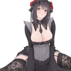 1boy 1girl apron between_breasts black_collar black_dress black_eyes black_hair black_hairband black_necktie black_thighhighs blush breasts cleavage collar commentary detached_collar dress english_commentary feet_out_of_frame flower frilled_apron frills gothic_lolita grey_apron hair_flower hair_ornament hairband highres kitagawa_marin kuroe_shizuku lace lace-trimmed_collar lace_hairband lace_thighhighs lace_trim large_breasts lips lolita_fashion looking_at_viewer medium_hair ndoon necktie necktie_between_breasts parted_lips short_dress simple_background sitting solo sono_bisque_doll_wa_koi_wo_suru thighhighs very_long_sleeves wariza white_background zettai_ryouiki