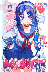 1boy 2girls arm_behind_back bad_source blue_hair blue_hairband blue_serafuku blue_skirt blush bow bowtie breasts chinese_text choker collarbone crazy_mita_(miside) english_text facing_viewer hair_ornament hairband hairclip hand_on_own_hip heart highres kind_mita_(miside) leaning_forward looking_at_viewer miside mita_(miside) multiple_girls official_art open_mouth photo_(object) player_character_(miside) pleated_skirt red_bow red_bowtie red_choker school_uniform serafuku shirt_tucked_in skirt smile solo_focus standing twintails