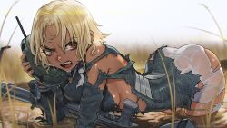 1girl all_fours anti-materiel_rifle blonde_hair breasts brown_eyes commentary dark-skinned_female dark_skin flcl freckles grass gun hair_between_eyes highres holding holding_phone kitsurubami looking_at_viewer magion02 medium_breasts medium_hair necktie open_mouth outdoors partially_submerged patreon_username phone radio_antenna rifle sniper_rifle solo talking_on_phone teeth tongue torn_clothes torn_necktie v-shaped_eyebrows water water_drop watermark weapon web_address wet white_necktie