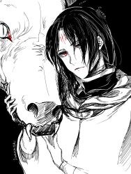 Rule 34 | 1boy, artist name, bad link, character name, dragon, facial mark, fire emblem, fire emblem: radiant dawn, forehead mark, highres, iwanashi (ichigo wadachi), long hair, male focus, monochrome, nintendo, red eyes, soren (fire emblem), spot color