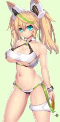 1girl absurdres aqua_eyes aqua_hair asamura_hiori bare_shoulders bikini bikini_top_only blonde_hair bracelet breasts cleavage cleavage_cutout closed_mouth clothing_cutout collarbone contrapposto covered_erect_nipples eyelashes female_focus gene_(pso2) gluteal_fold green_background green_hair hair_between_eyes headgear highres huge_breasts jewelry large_breasts looking_at_viewer multicolored_hair navel phantasy_star phantasy_star_online_2 revision shiny_skin simple_background smile solo standing stomach streaked_hair swimsuit thigh_strap twintails white_bikini