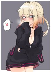 absurdres blush braid braided_ponytail breasts cevio choker cleavage covering_own_mouth hair_between_eyes half_up_braid hand_on_own_cheek hand_on_own_face heart highres hood hoodie looking_at_viewer medium_breasts one_(cevio) spoken_heart sweat tagme zooanime