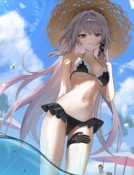 1girl alternate_costume bikini black_bikini blue_sky blush breasts cameltoe cloud commentary day frilled_bikini frills grey_hair hand_on_own_chest hat herta_(honkai:_star_rail) highres honkai:_star_rail honkai_(series) kumari2311 long_hair looking_at_viewer medium_breasts navel parted_lips purple_eyes sky solo stomach straw_hat swimsuit the_herta_(honkai:_star_rail) wading wet