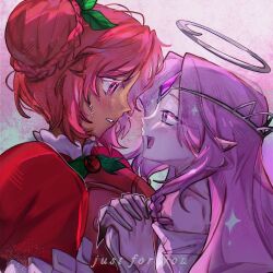 2girls angel angel_wings colored_skin cookie_run cookie_run:_kingdom double_bun dress eternal_sugar_cookie hair_bun hollyberry_cookie humanization komtooi21 long_hair looking_at_another multiple_girls open_mouth pink_eyes pink_hair pink_skin smile very_long_hair white_dress wings