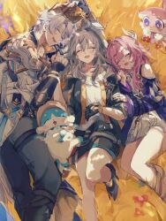 1boy 2girls armor black_coat black_pants book bubbles_(honkai:_star_rail) chimera_(honkai:_star_rail) coat commentary_request cyrene_(honkai:_star_rail) dress grey_hair hair_ornament highres holding holding_book honkai:_star_rail honkai_(series) jewelry lying medium_hair multiple_girls necklace on_back on_side outdoors pants pauldrons pe_eee00 phainon_(honkai:_star_rail) pink_hair purple_coat shoulder_armor single_pauldron smile stelle_(honkai:_star_rail) thigh_strap thighs trailblazer_(honkai:_star_rail) wheat wheat_field white_coat white_dress white_hair