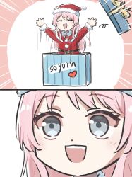 1girl :d ^_^ bang_dream! bang_dream!_it&#039;s_mygo!!!!! belt black_belt blush capelet chihaya_anon closed_eyes commentary fang gift grey_eyes hat highres long_hair long_sleeves lyy open_mouth pink_hair red_capelet red_hat santa_costume santa_hat smile teeth upper_teeth_only